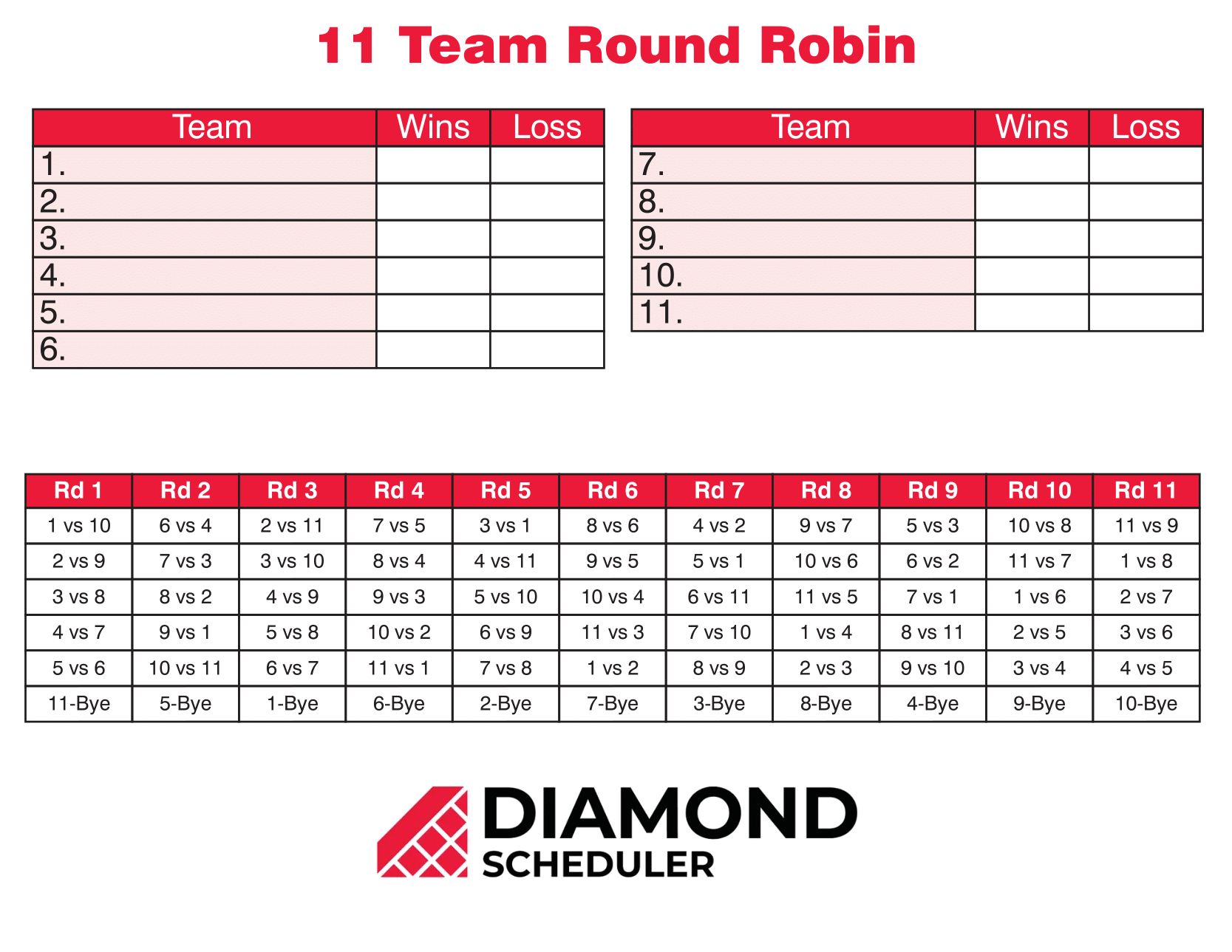 Torneo de todos contra todos imprimible de 11 equipos | Diamond Scheduler