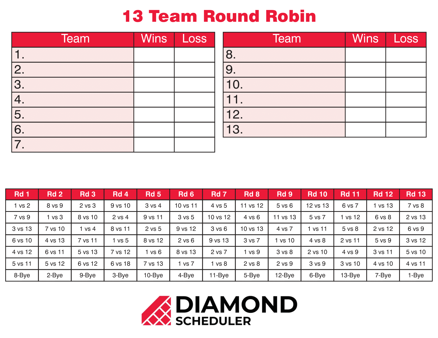 Torneo de todos contra todos imprimible de 13 equipos | Diamond Scheduler