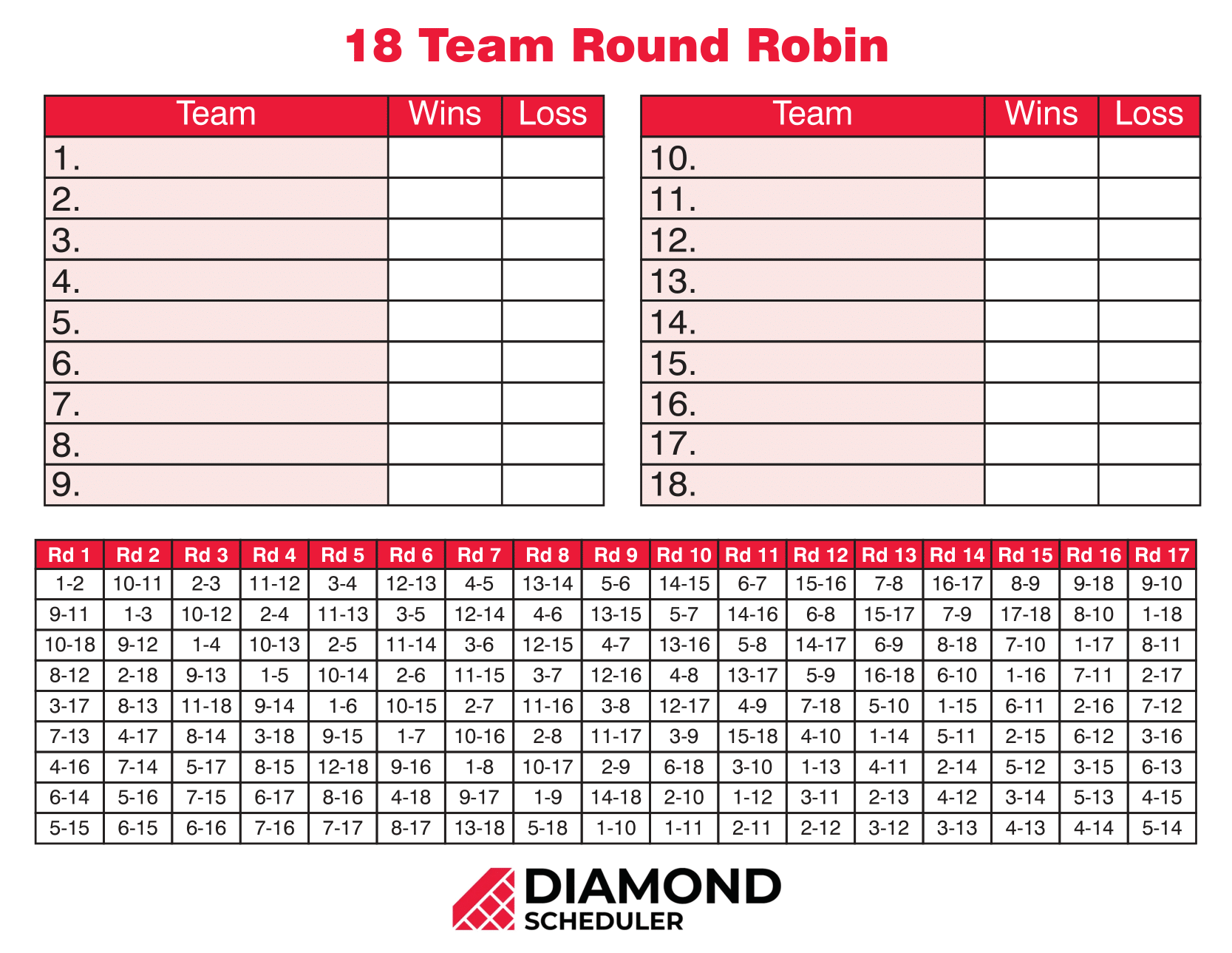 18-Team Round Robin Tournament Printable | Diamond Scheduler