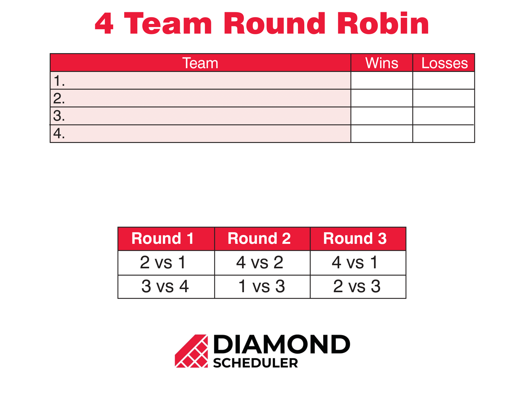 4-Team Round Robin Tournament Printable | Diamond Scheduler