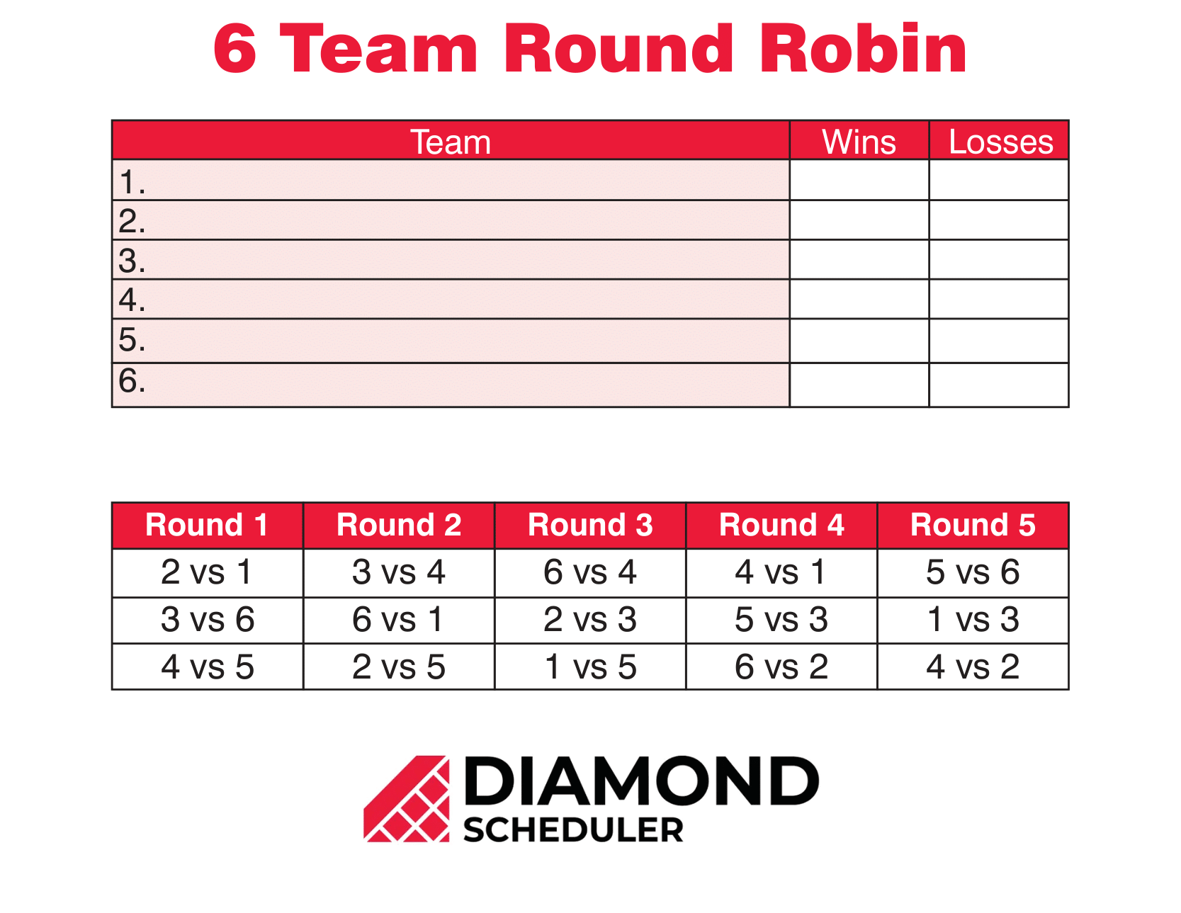 19 Team Round Robin Tournament Printable Diamond Scheduler 45 OFF