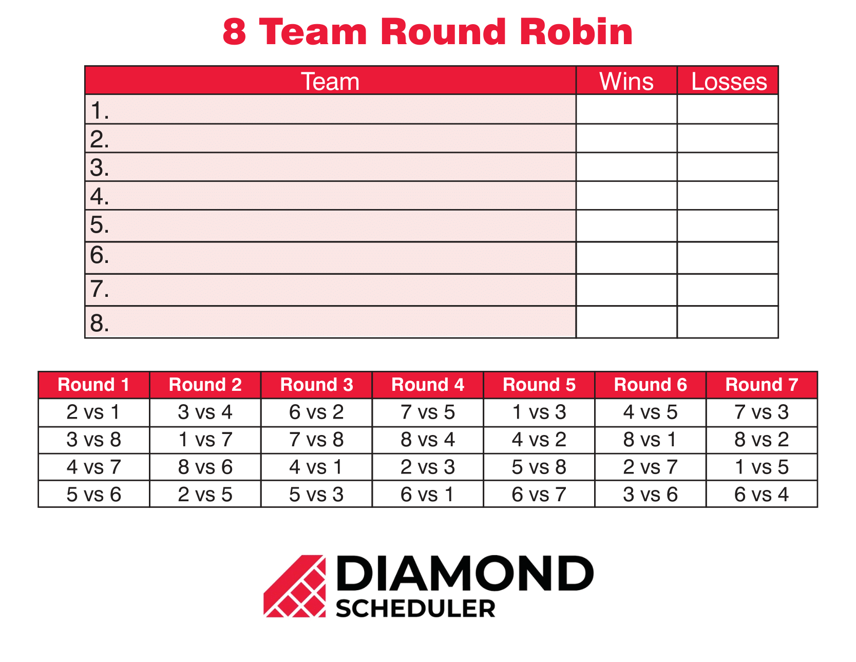 19 Team Round Robin Tournament Printable Diamond Scheduler 49 OFF